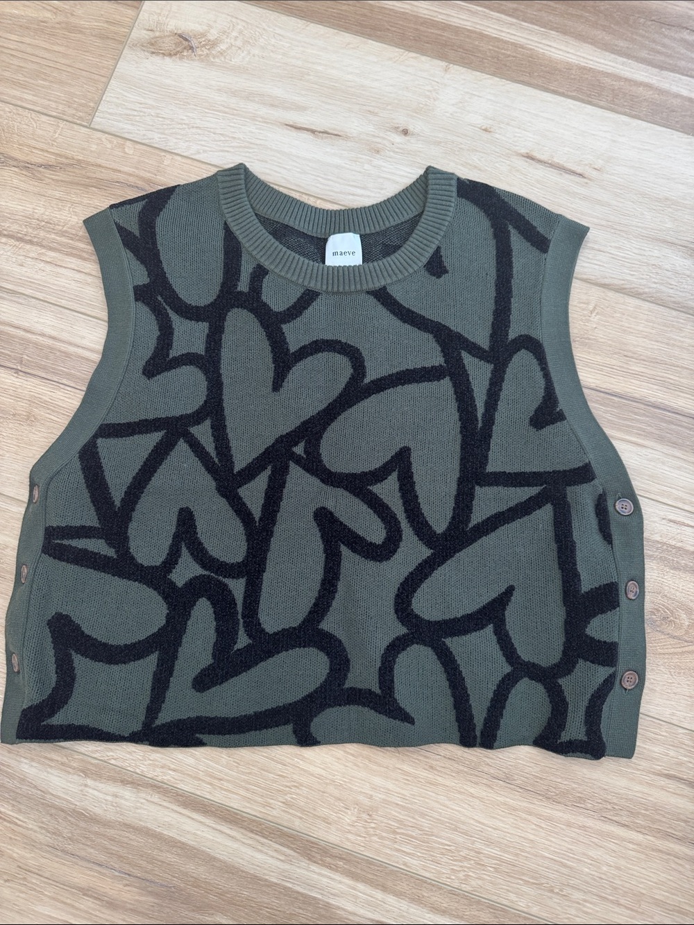 Maeve Olive & Black Heart Jacquard Sleeveless Knit Vest